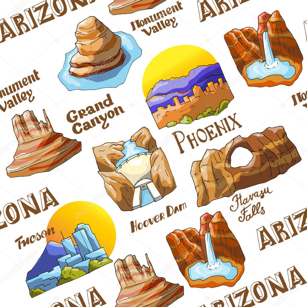 Vector seamless pattern with Arizona's countrysides and state symbols