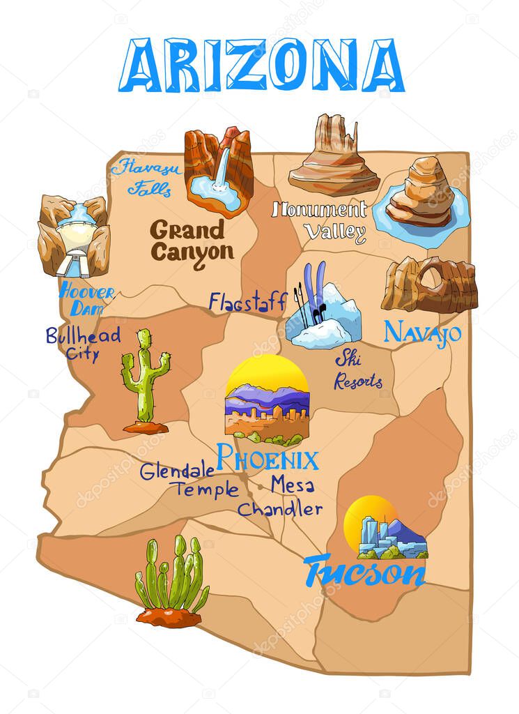 Vector illustration Arizona map  with countrysides and state symbols