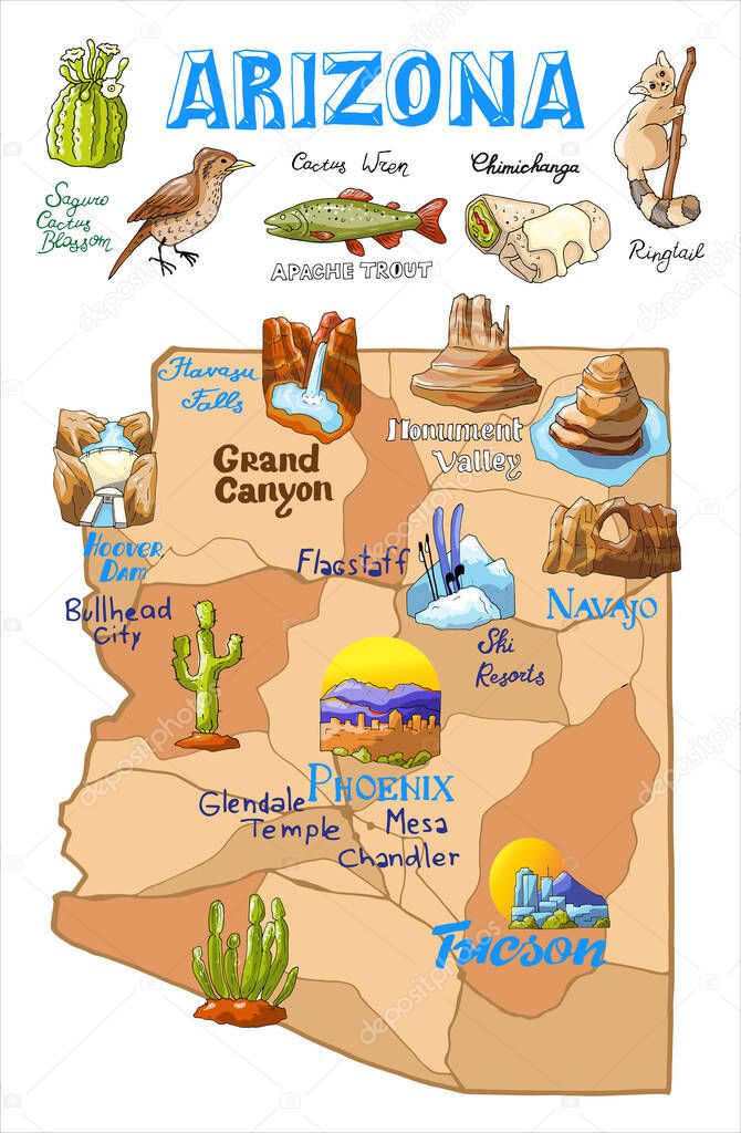 Vector illustration Arizona map  with countrysides and state symbols