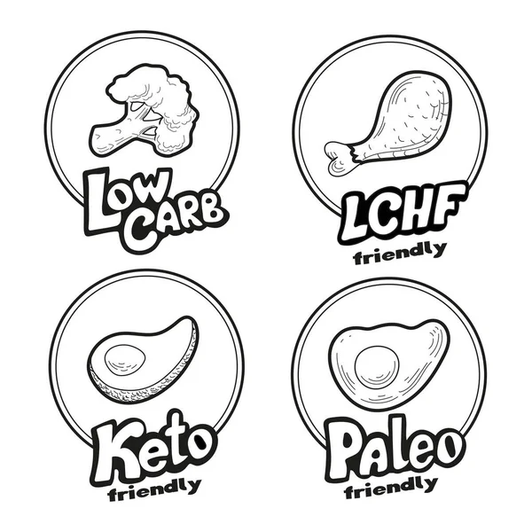 Vector Illustratie Met Stickers Voor Ketogene Voeding Lchf Paleo Dieetproducten — Stockvector