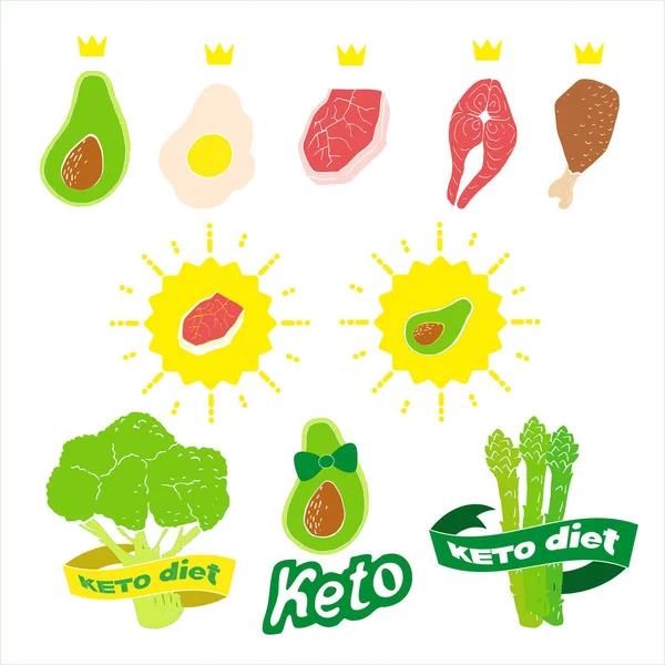 Vector Illustratie Met Stickers Voor Ketogene Voeding Lchf Paleo Dieetproducten — Stockvector