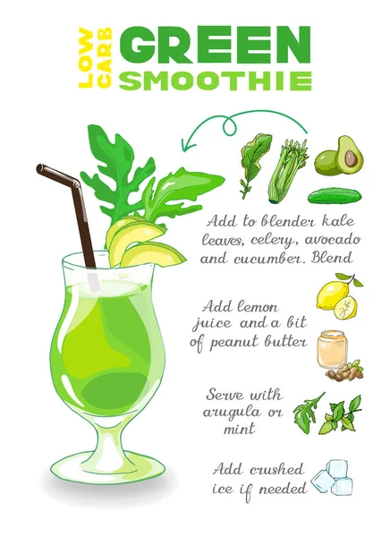 Illustration Vectorielle Cocktail Smoothie Vert Désintoxication Recette Cétogène — Image vectorielle