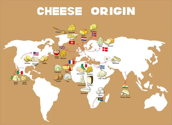 Vector Ilustración Origen Queso Mapa Del Mundo — Archivo Imágenes Vectoriales