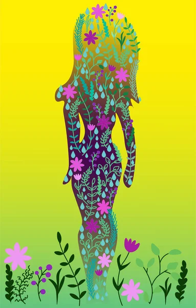 Illustration Vectorielle Fille Composée Herbes Fleurs — Image vectorielle