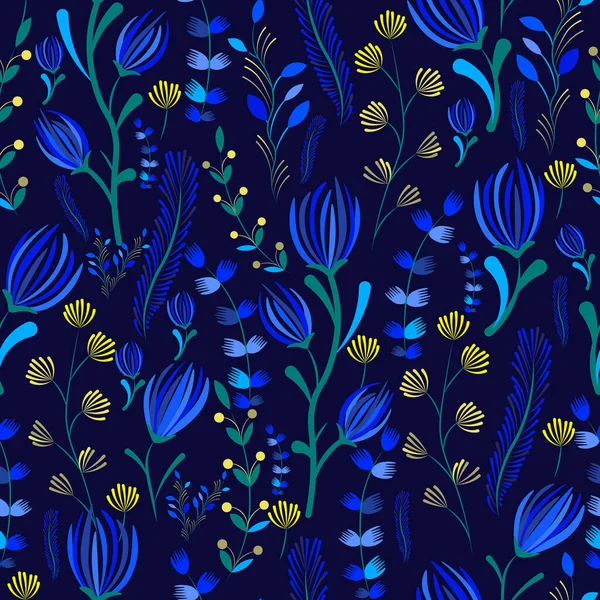 Бесшовный Узор Травами Листьями Голубых Цветах — стоковый вектор
