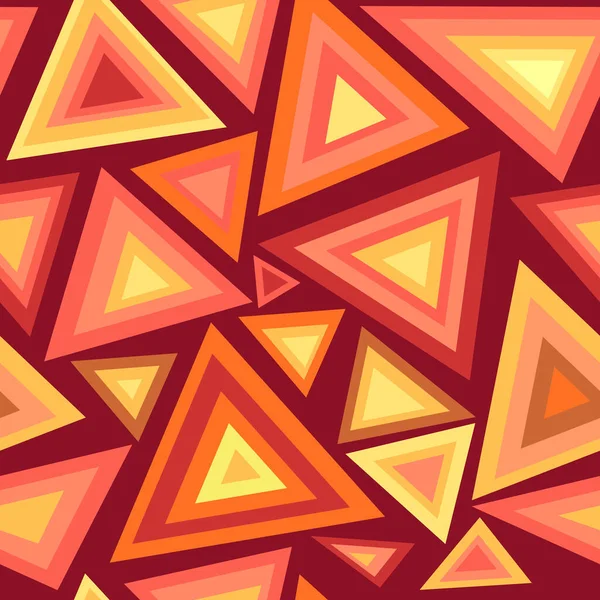 Koyu kırmızı zemin üzerinde çok renkli üçgenler olan kusursuz soyut desen.