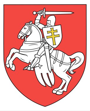 Beyaz-kırmızı-beyaz bayrağın arka planına karşı Pahonia. Özgürlüğün sembolü Belarus. Beyaz Rusya 'nın ulusal renkleri