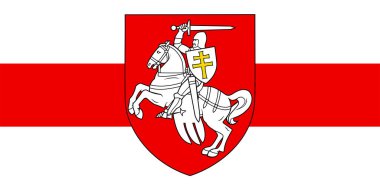 Beyaz-kırmızı-beyaz bayrağın arka planına karşı Pahonia. Belarus 'un tarihi arması ve Litvanya Büyük Dükalığı. Özgürlüğün sembolü Belarus. Beyaz Rusya 'daki cumhurbaşkanlığı seçimlerinde protesto sembolü 