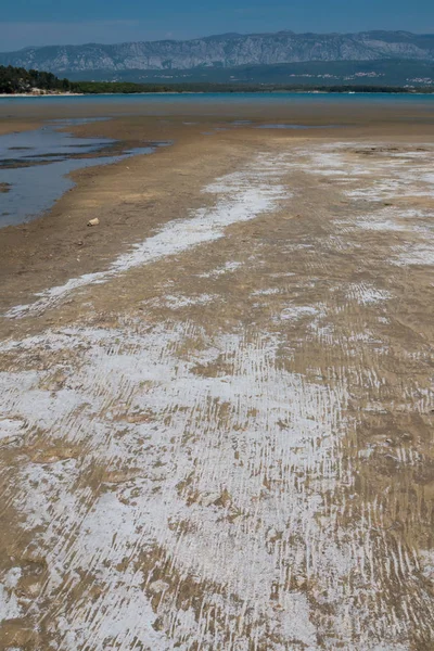 Sandstrand Vid Kusten Adriatiska Havet Pölar Från Högvatten Och Lite — Stockfoto