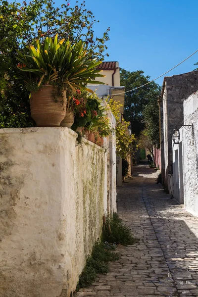 Calle Pavimentada Por Adoquines Antiguas Paredes Las Casas Ambos Lados — Foto de Stock