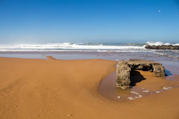 Golden sandy beach with little rocks on the coast. Wild water of the Atlantic ocean with waves. Clear blue sky. Horizon in the background. Beddouza beach, Morocco.