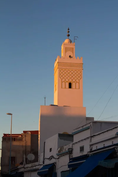 Upper Part Street Tower Mosque Enlighted Evening Sunlight Sunset Creating — Stock Photo, Image