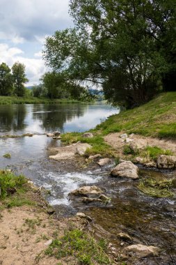 Ana nehir Vah 'a katılmadan önce küçük bir nehirde akan suyun detayları. Doğal taşlar ve yeşil çimenler. Velka Skalka, Slovakya.
