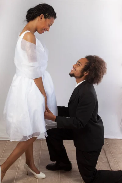 Romantic Black Couple Man Kneeling — Stock Photo, Image