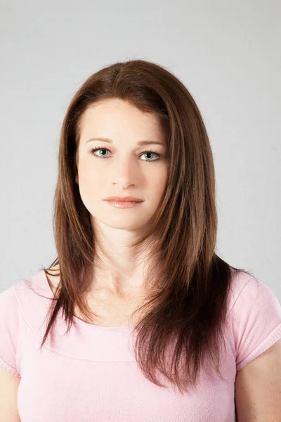 Beautiful Pensive Woman Pink Blouse — Stock Photo, Image