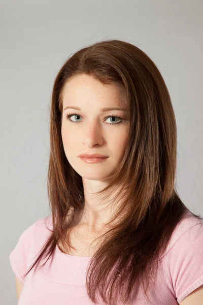 Pretty Woman Pink Blouse Smile — Stock Photo, Image