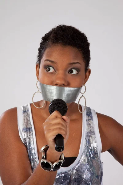 Black Woman Microphone Silenced — Stock Photo, Image