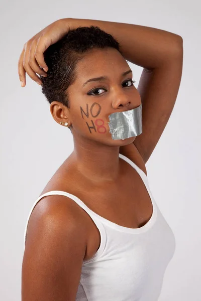 Pretty Black Woman Her Cheek Her Mouth Taped Closed — Stock Photo, Image