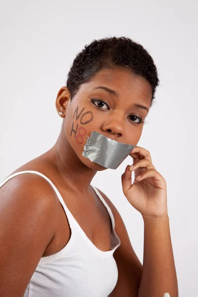 Pretty Black Woman Her Cheek Her Mouth Taped Closed — Stock Photo, Image