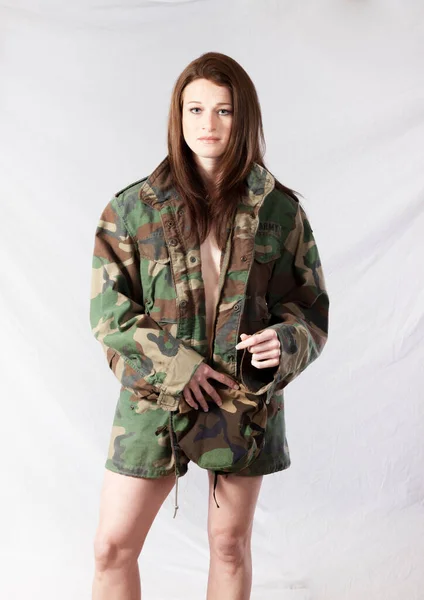 Pensive Woman Camouflage Jacket Looking Sexy — Stock Photo, Image