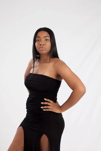Pensive Black Woman Black Dress — Stock Photo, Image