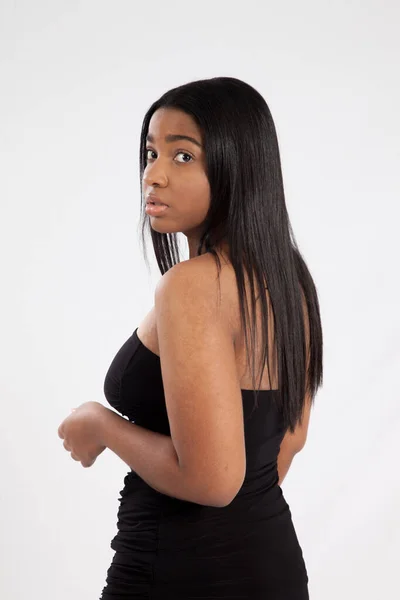 Mujer Negra Pensativa Vestido Negro —  Fotos de Stock