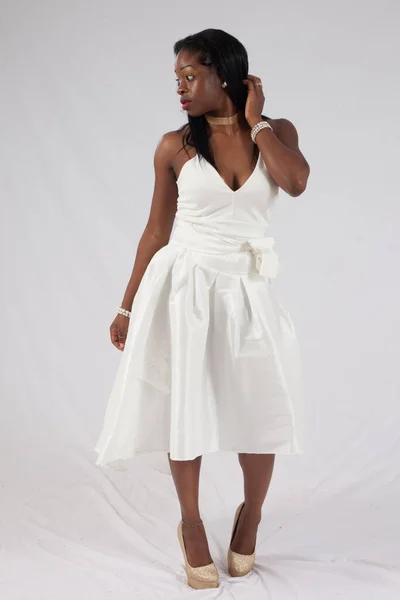 Pensive Black Woman White Dress — Stock Photo, Image