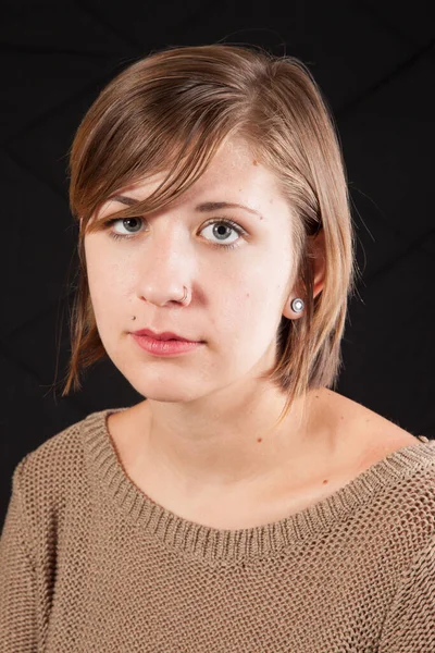 Pretty Pensive Woman Brown Sweater — Stock Photo, Image