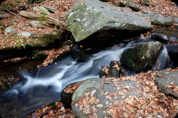 岩石和秋叶层叠成行的溪流 — 图库照片