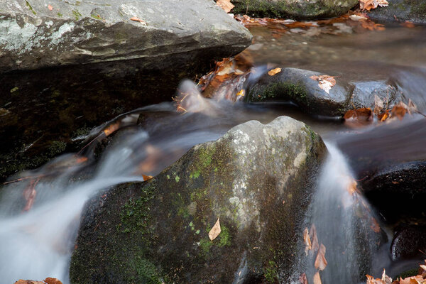 Каскадный поток с камнями и осенними листьями
