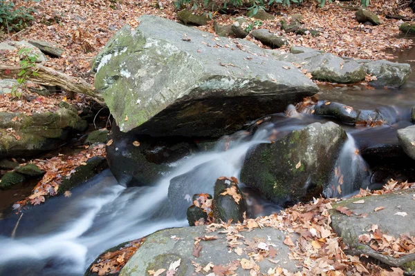 Каскадный Поток Камнями Осенними Листьями — стоковое фото