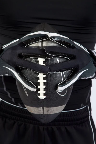 Hands Glove Holding Black American Football — Stock Photo, Image