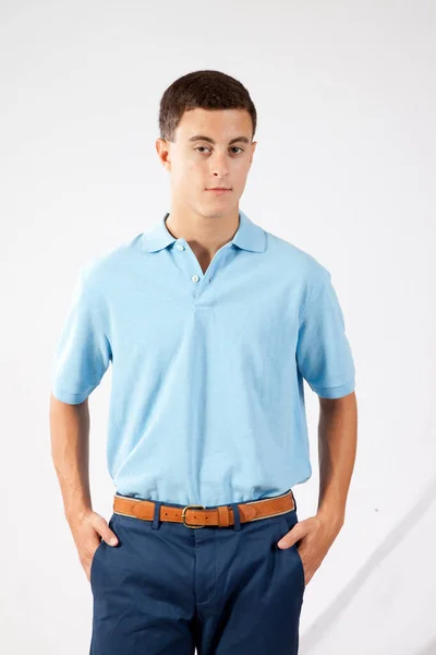 Thoughtful Man Blue Shirt — Stock Photo, Image