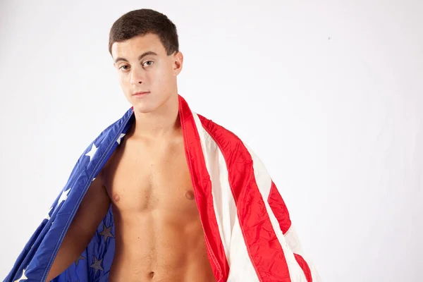 Pensive Shirtless Man Wrapped United States Flag — Stock Photo, Image