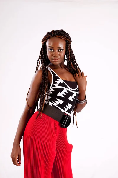 Lovely Black Woman Red Slacks Looking Thoughtful — Stock Photo, Image