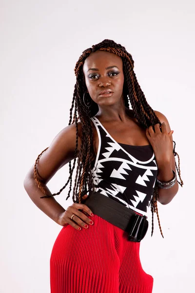 Lovely Black Woman Red Slacks Looking Thoughtful — Stock Photo, Image