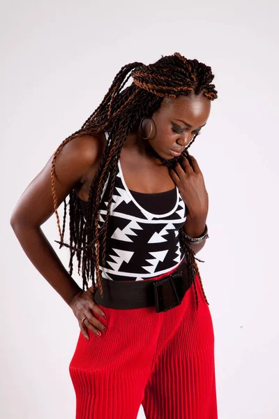 Lovely Black Woman Red Slacks Looking Thoughtful — Stock Photo, Image