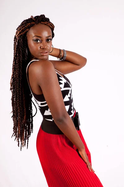 Lovely Black Woman Red Slacks Looking Thoughtful — Stock Photo, Image