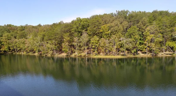 在平静的湖中倒映着的树木 — 图库照片