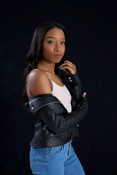 Lovely Woman Black Leather Jacket Looking Thoughtful — Stock Photo, Image