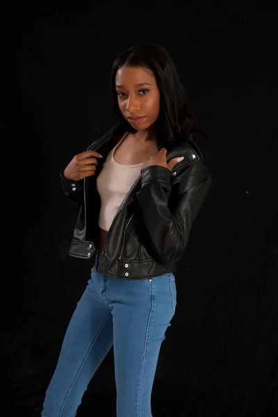 Lovely Woman Black Leather Jacket Looking Thoughtful — Stock Photo, Image