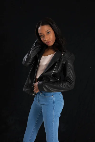 Lovely Woman Black Leather Jacket Looking Thoughtful — Stock Photo, Image