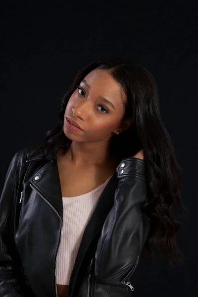 Lovely Woman Black Leather Jacket Looking Thoughtful — Stock Photo, Image