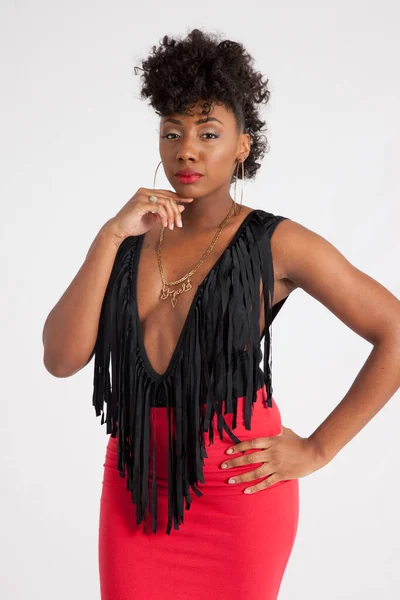 Sexy Black Woman Black Fringe Vest — Stock Photo, Image