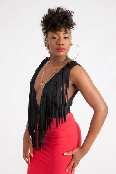 Beautiful Black Woman Looking Thoughtful Fringed Vest — Stock Photo, Image