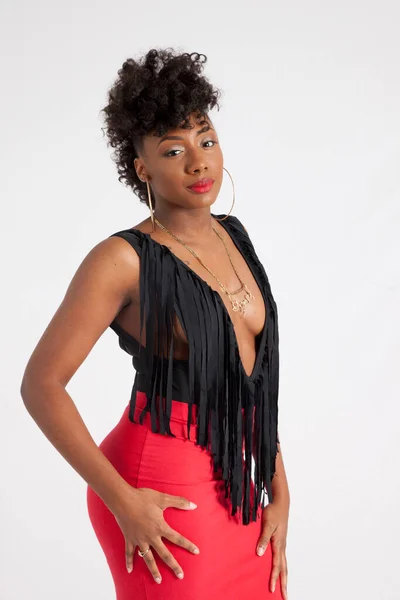 Beautiful Black Woman Looking Thoughtful Fringed Vest — Stock Photo, Image