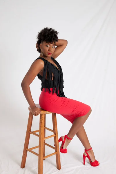 Sexy Black Woman Sitting Stool — Stock Photo, Image