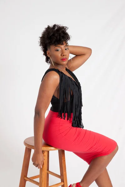 Sexy Black Woman Sitting Stool — Stock Photo, Image