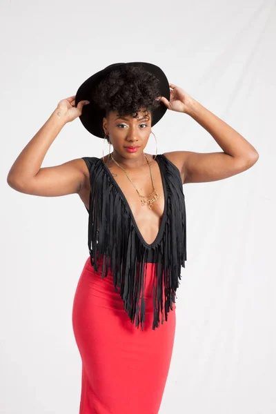 Sexy Black Woman Fringed Vest Hat — Stock Photo, Image