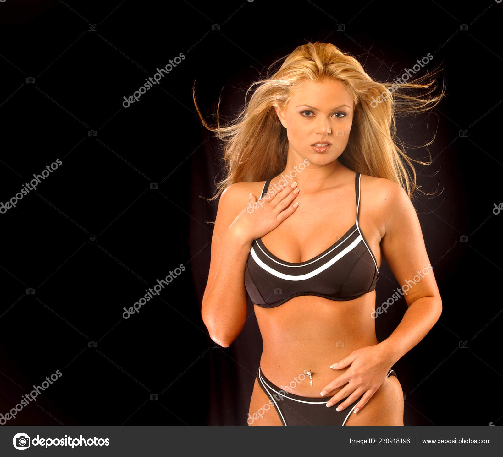Adorable Blonde Woman Wearing Black White Striped Bikini Wind